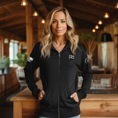Woman wearing Solid Black Just Don't Quit Back Design Zip Up Hoodie