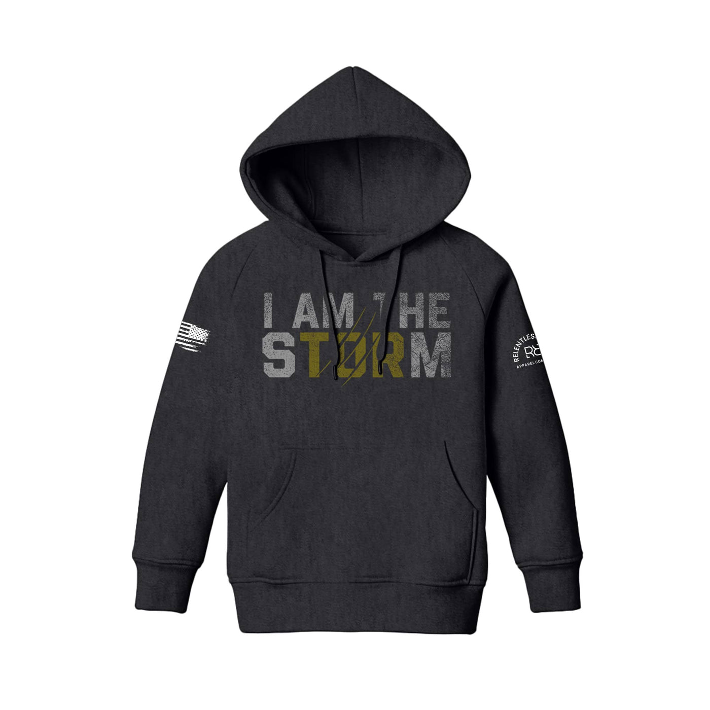 Charcoal Heather Youth I Am The Storm Front Design Hoodie