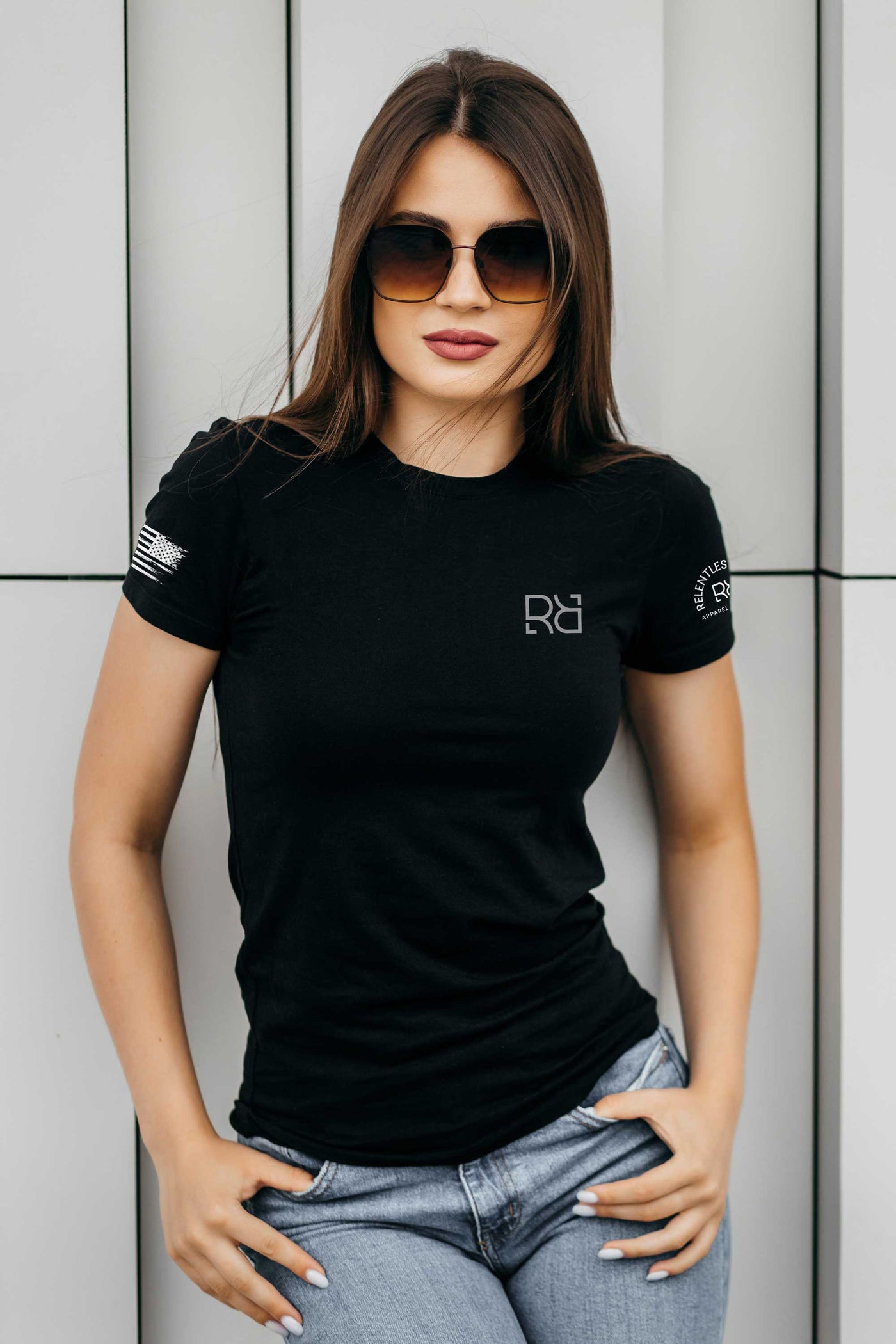 Woman wearing Solid Black Women's Rebel With A Purpose Back Design Tee