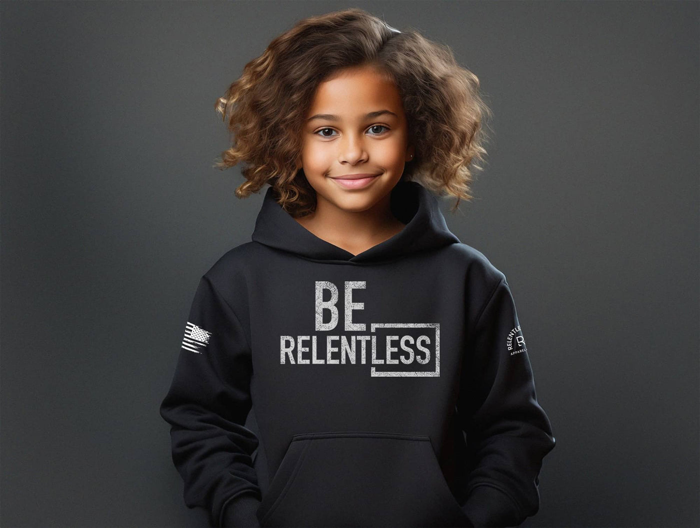 Girl wearing Solid Black Youth Be Relentless Front Design Hoodie
