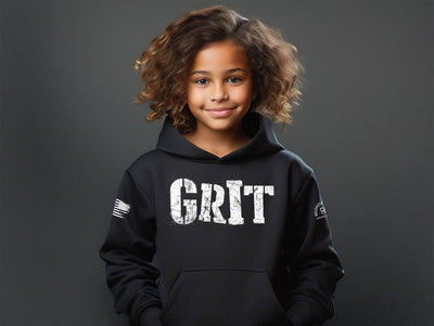 Girl wearing Solid Black Youth Grit Front Design Hoodie