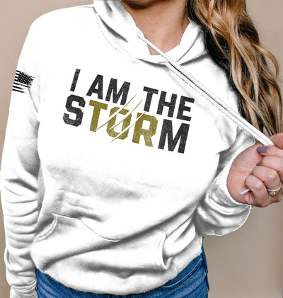 Woman wearing Relentless White Women's I Am The Storm Front Design Hoodie