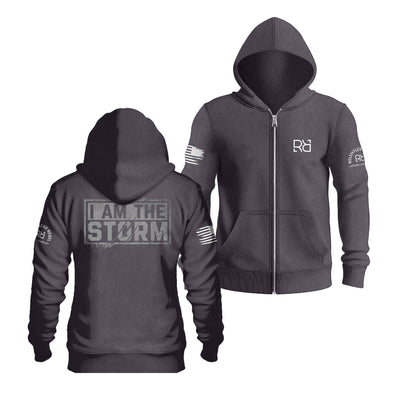 Charcoal Heather I Am The Storm Back Design Zip Up Hoodie