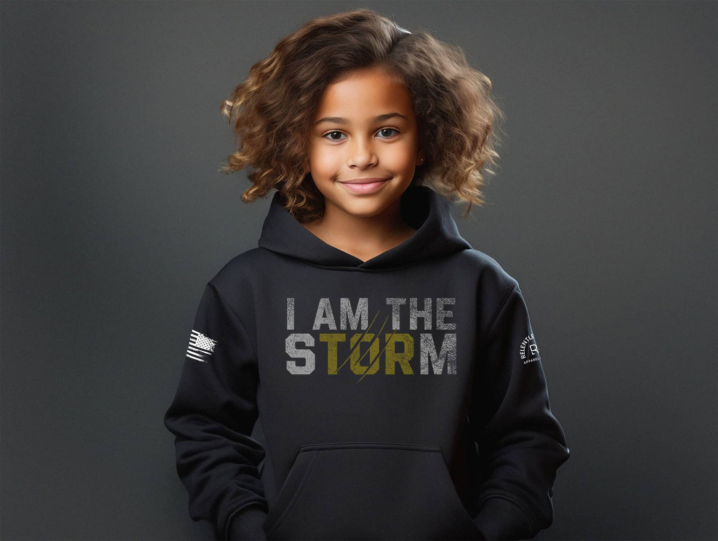 Girl wearing Solid Black Youth I Am The Storm Front Design Hoodie