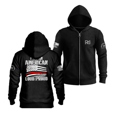 Solid Black I Am An American Loud and Proud Back Design Zip Up Hoodie