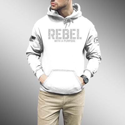 Man wearing Relentless White Men's Rebel With A Purpose Front Design Hoodie