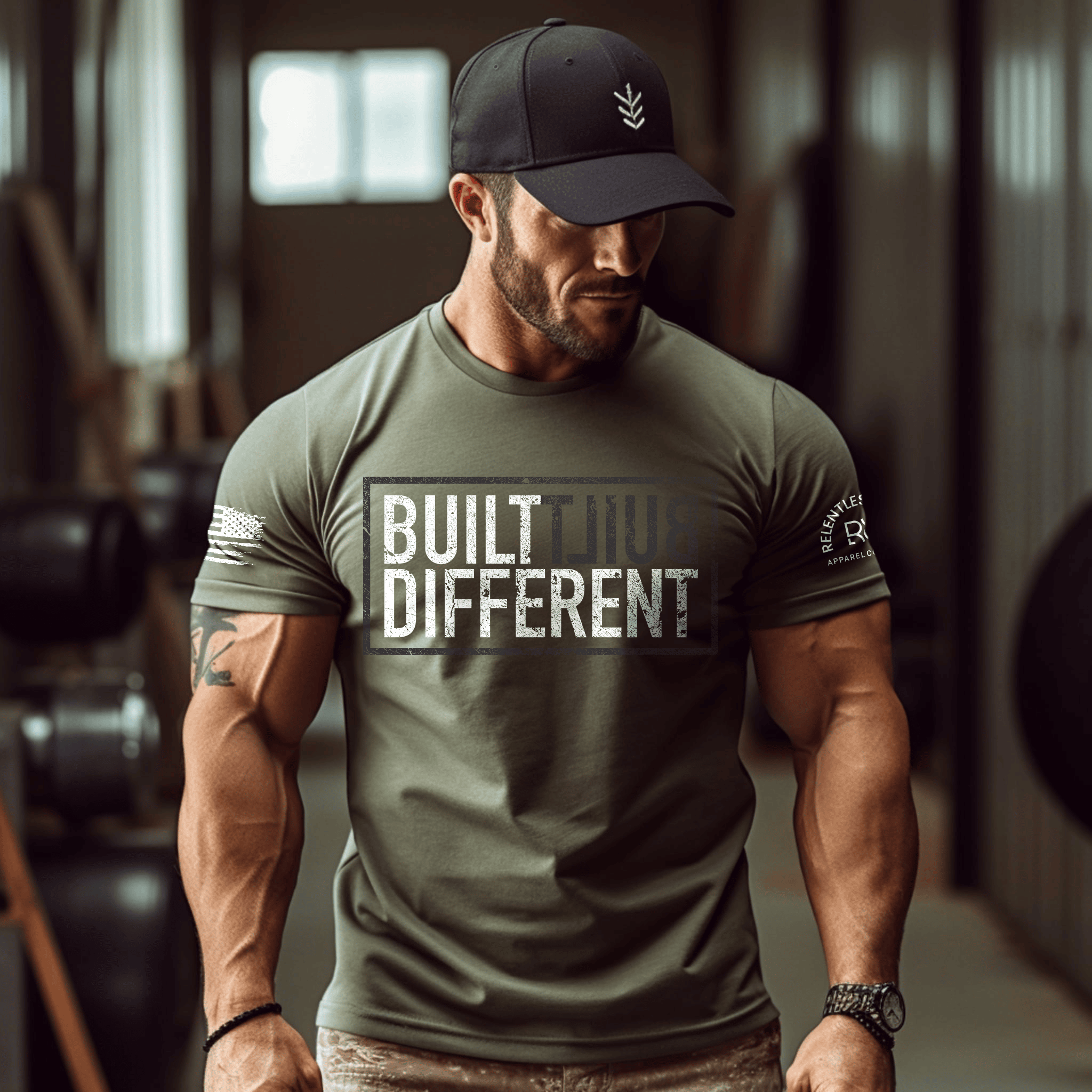 Man wearing Built Different back design t-shirt