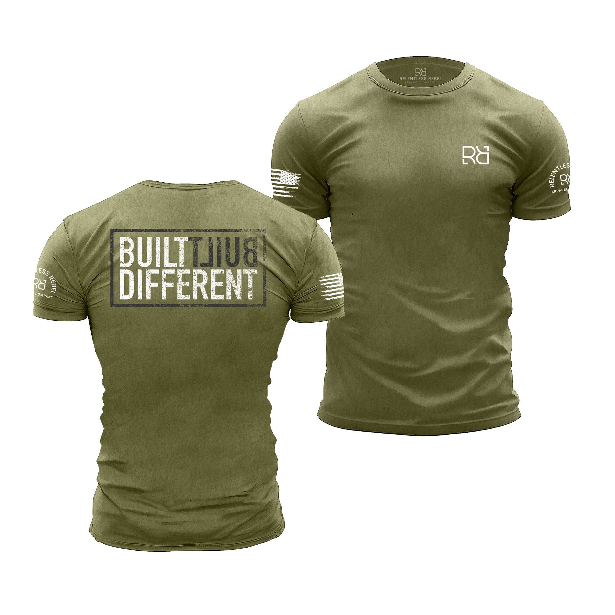Military green Built Different back design t-shirt
