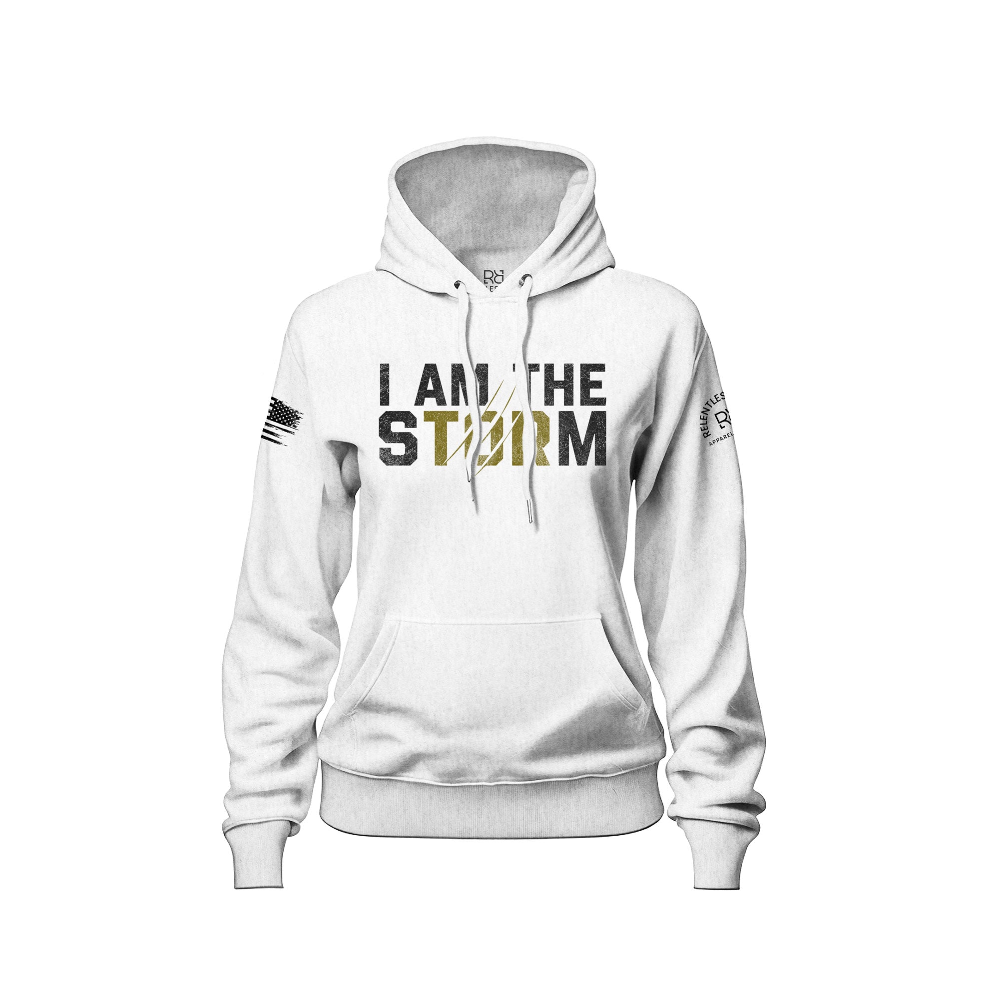 Front design women's I Am The Storm white hoodie