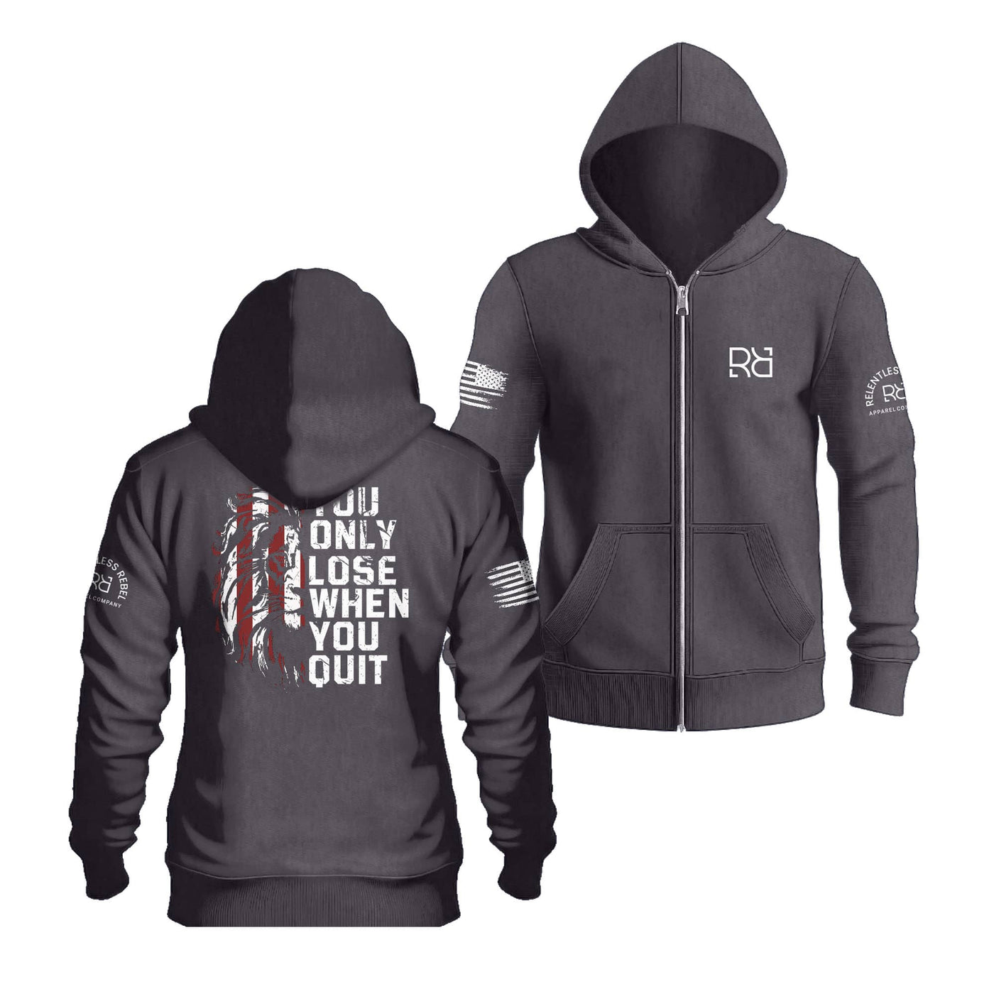 Charcoal Heather You Only Lose When You Quit Back Design Zip Up Hoodie