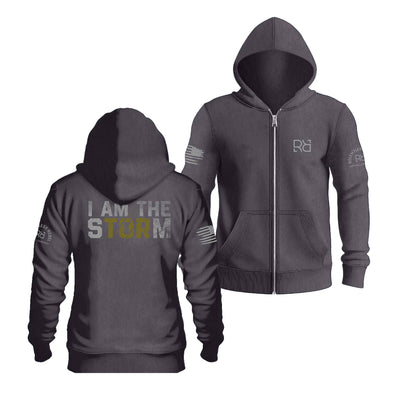 Charcoal Heather I Am The Storm Back Design Zip Up Hoodie