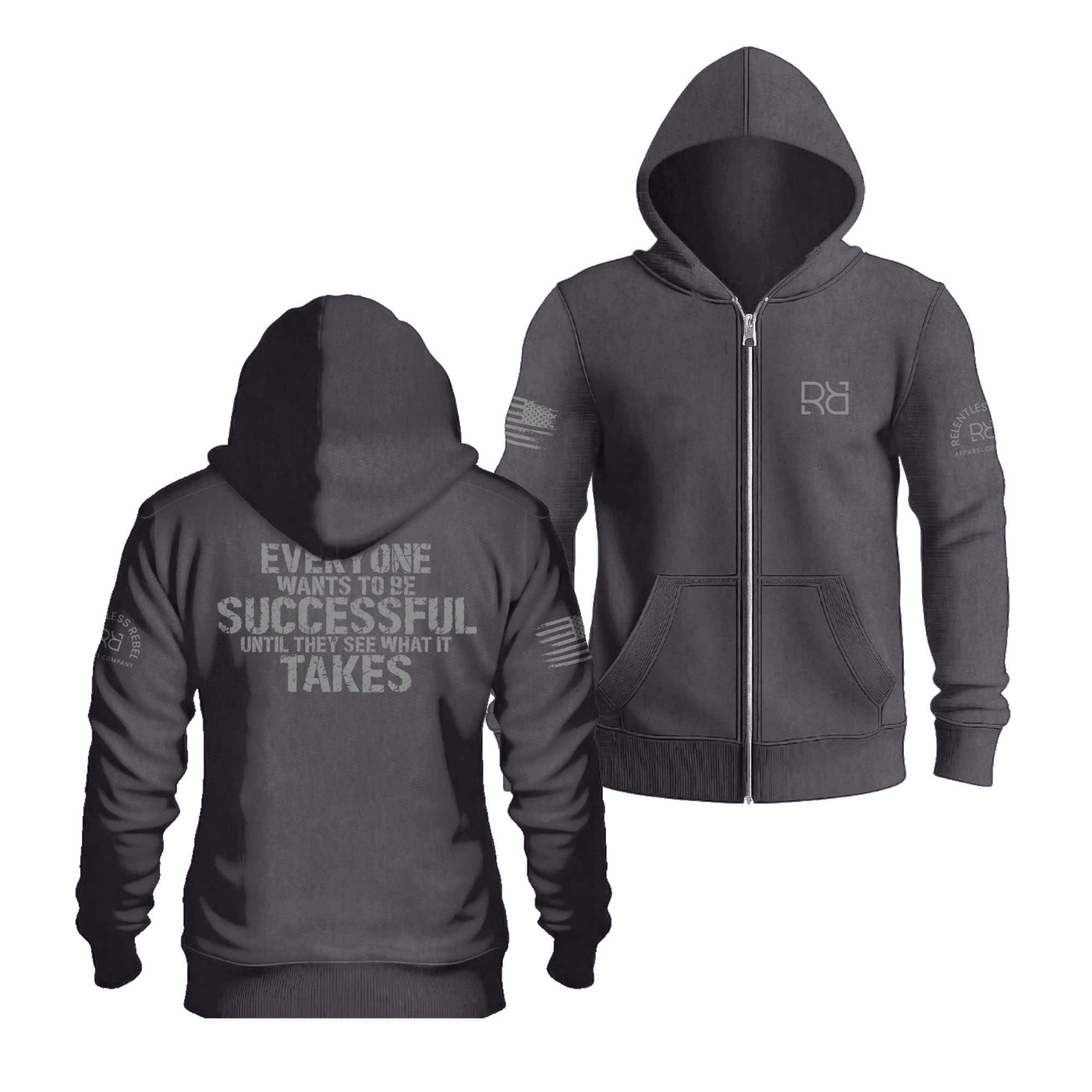 Charcoal Heather Everyone Wants to Be Successful Back Design Zip Up Hoodie