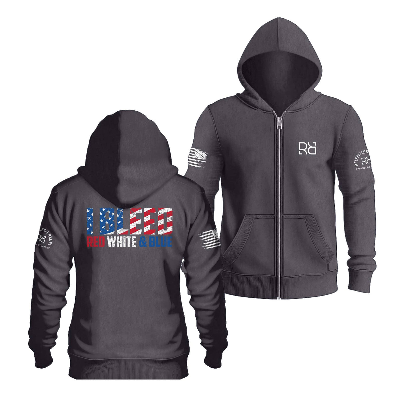 Charcoal Heather I Bleed Red White & Blue Back Design Zip Up Hoodie