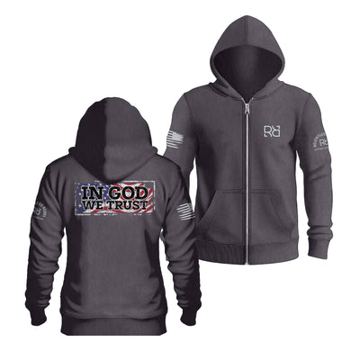 Charcoal Heather In God We Trust Back Design Zip Up Hoodie