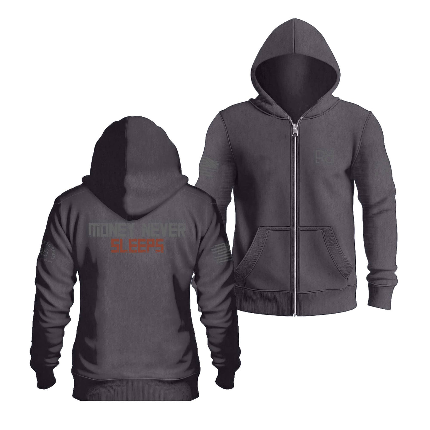 Charcoal Heather Women's Money Never Sleeps Back Design Zip Up Hoodie