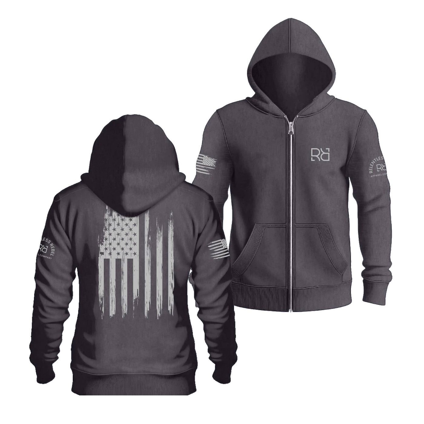 Charcoal Heather Men's Rebel Patriot Flag Back Design Zip Up Hoodie