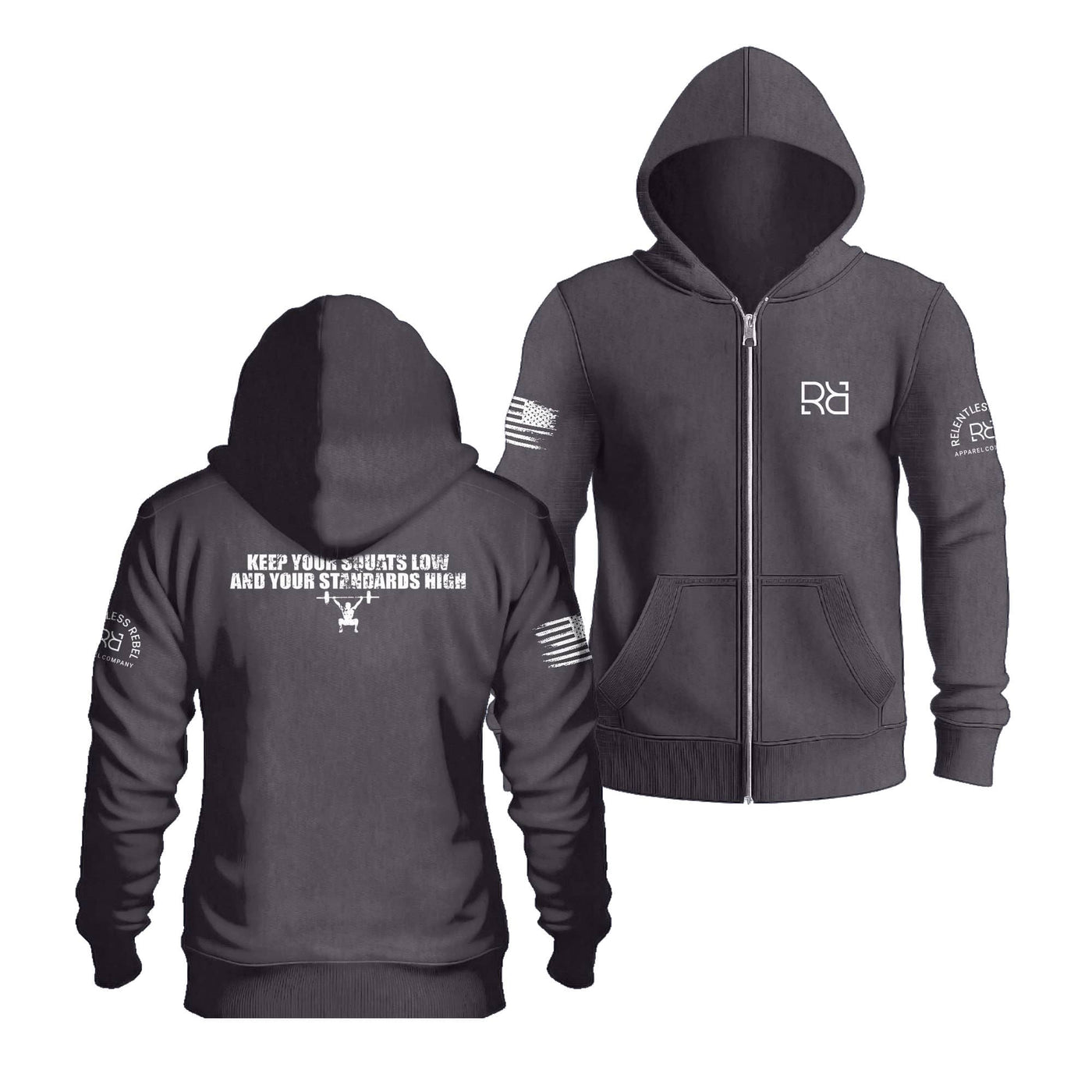 Charcoal Heather Keep Your Squats Low and Your Standards High Back Design Zip Up Hoodie