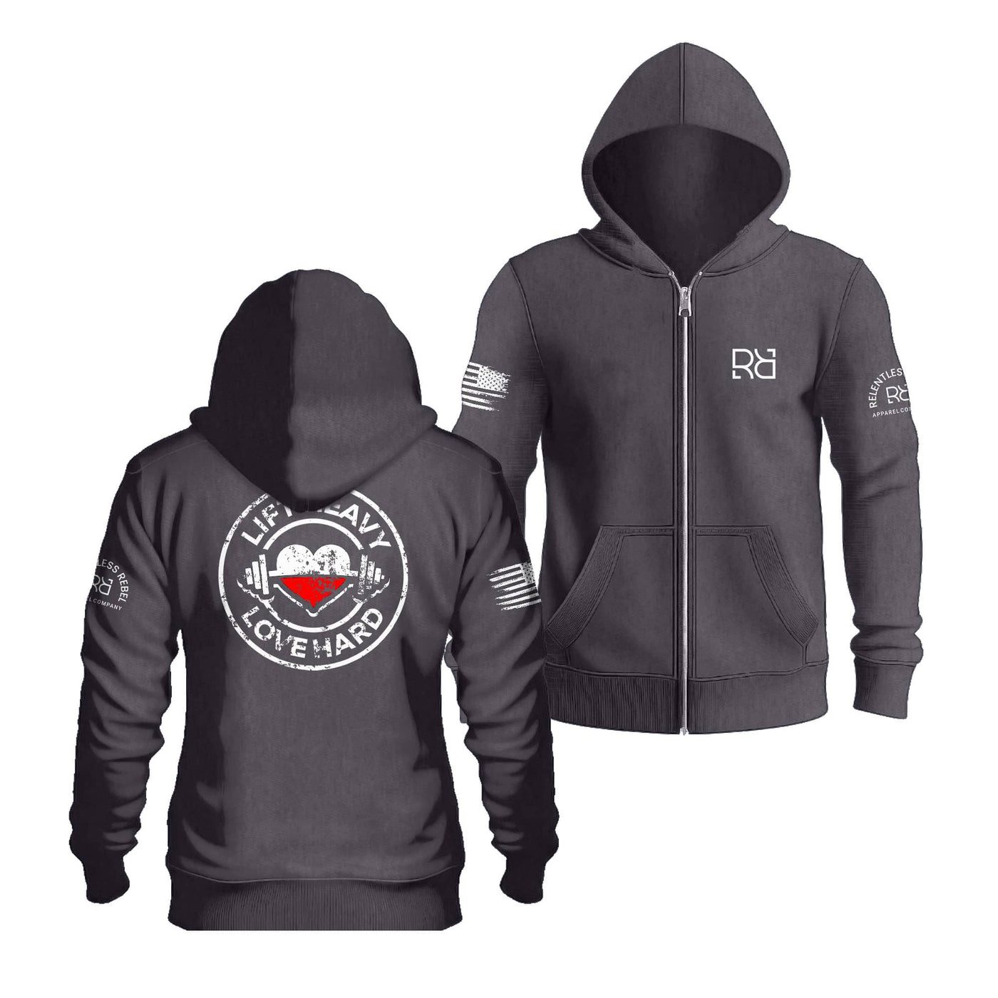 Charcoal Heather Lift Heavy Love Hard Back Design Zip Up Hoodie