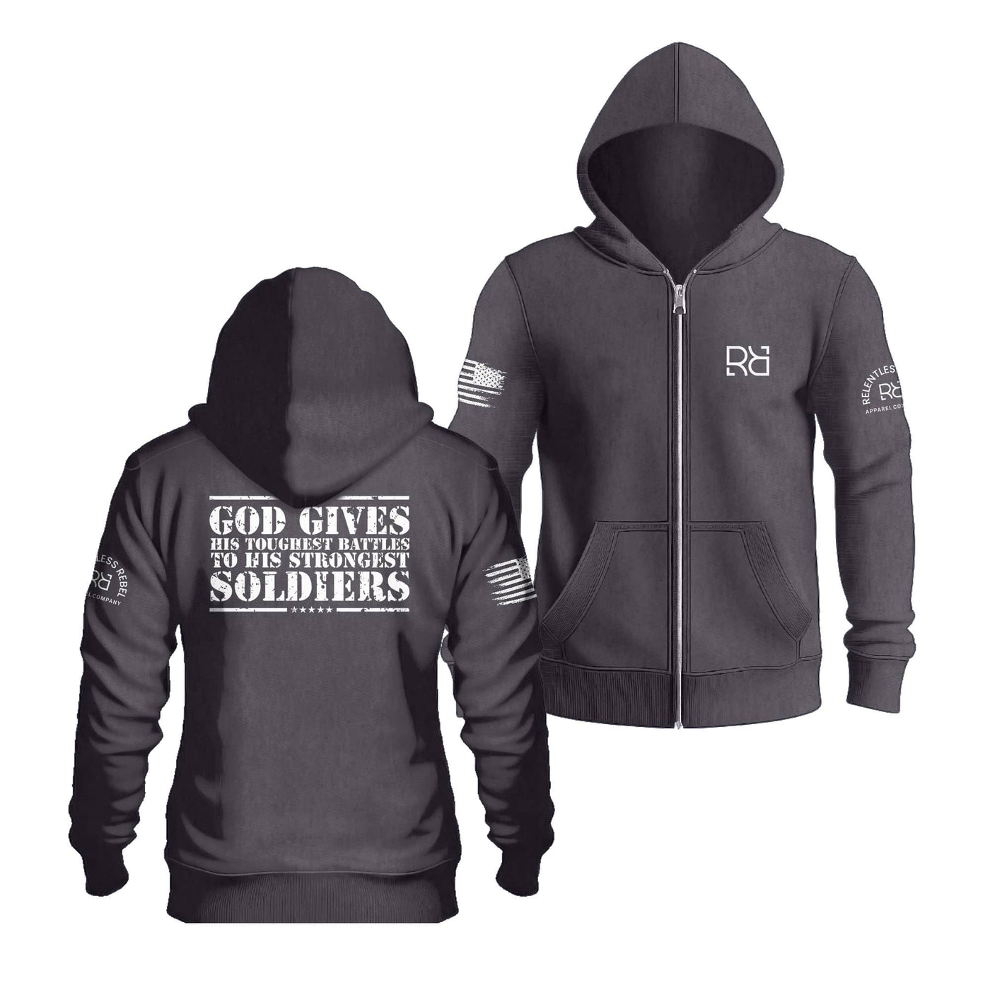 Charcoal Heather God Gives His Toughest Battles Back Design Zip Up Hoodie