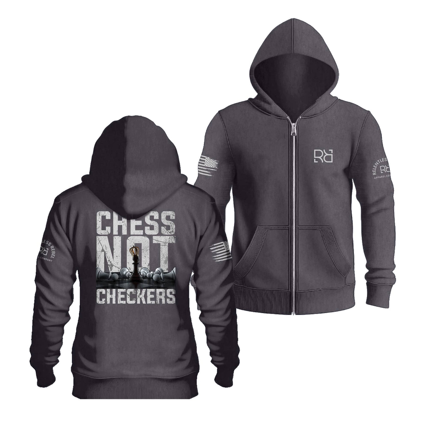 Charcoal Heather Chess Not Checkers Back Design Zip Up Hoodie