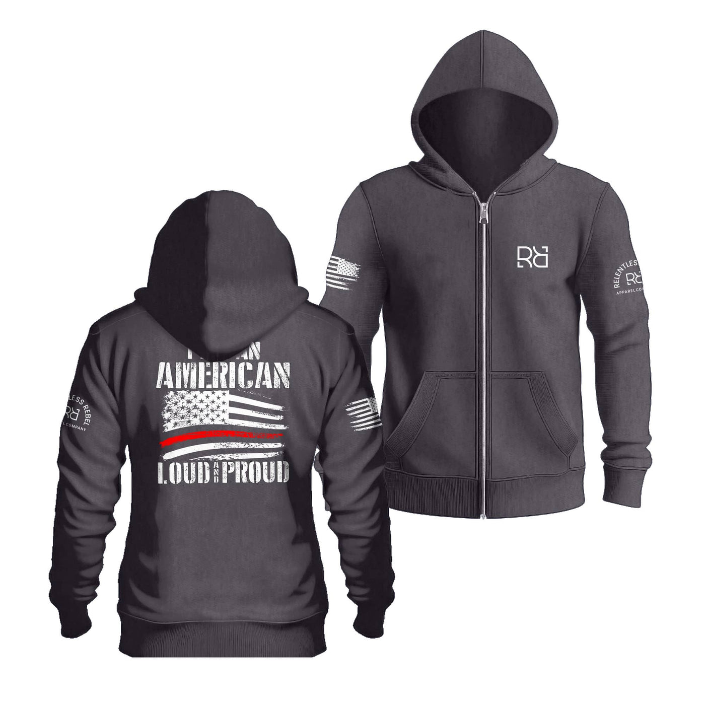 Charcoal Heather I Am An American Loud and Proud Back Design Zip Up Hoodie