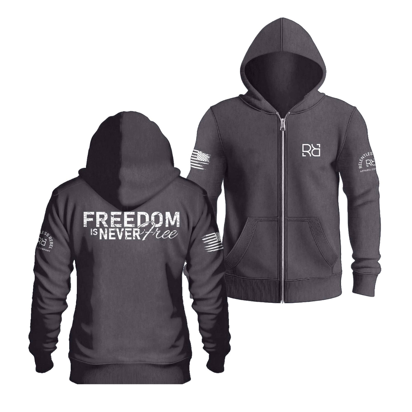 Charcoal Heather Freedom Is Never Free Back Design Zip Up Hoodie