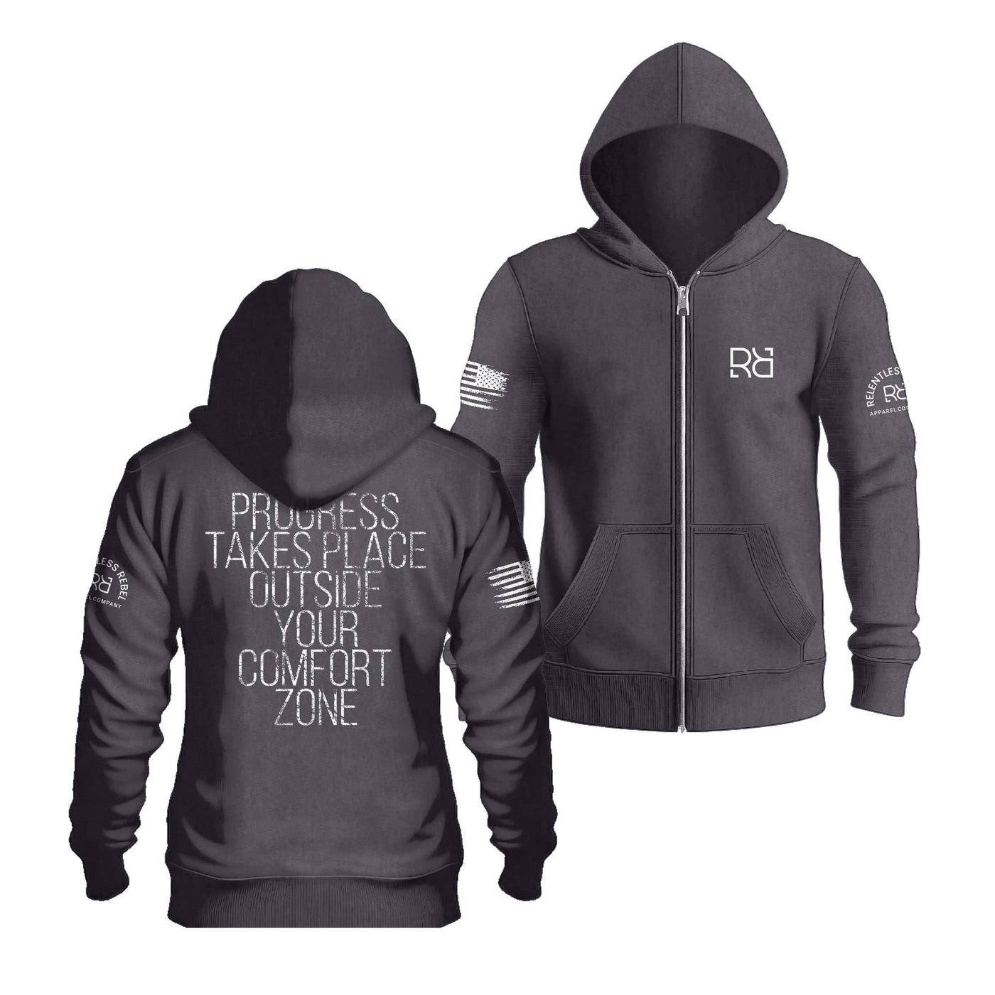 Charcoal Heather Progress Takes Place Back Design Zip Up Hoodie