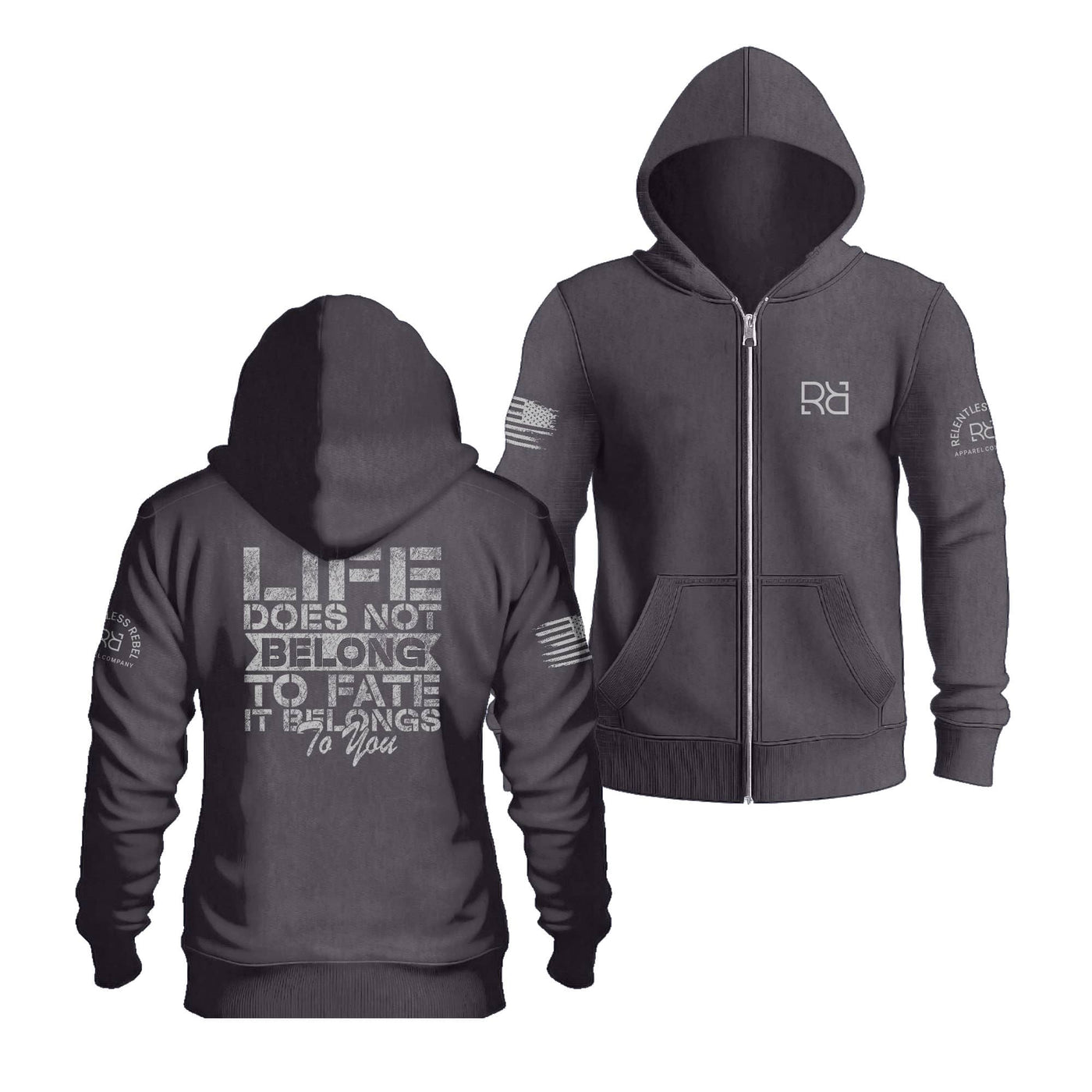 Charcoal Heather Life Does Not Belong To Fate - It Belongs to You Back Design Zip Up Hoodie