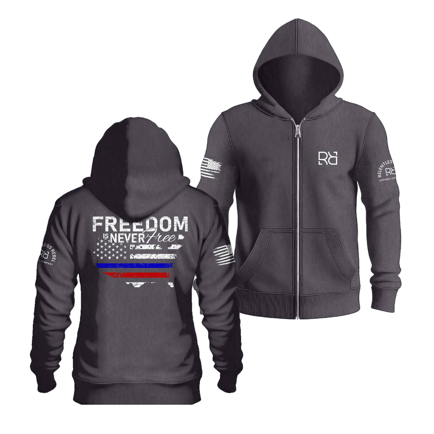 Charcoal Heather Freedom Is Never Free Back Design Zip Up Hoodie