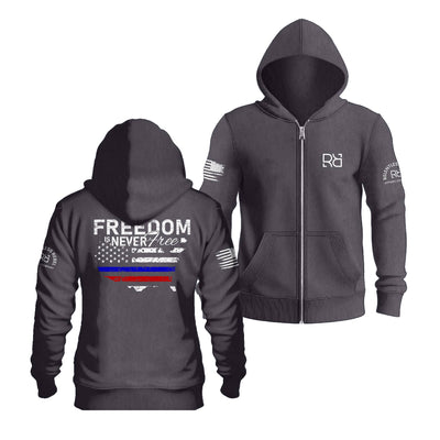 Charcoal Heather Freedom Is Never Free Back Design Zip Up Hoodie