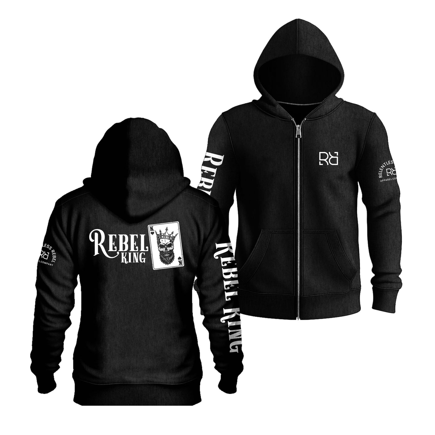 Solid Black Rebel King Sleeve & Back Design Zip Up Hoodie