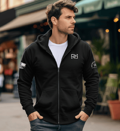 Man wearing Solid Black Humble Enough Back Design Zip Up Hoodie