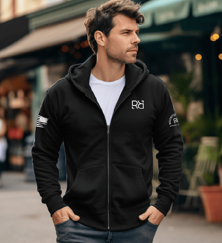 Man wearing Solid Black Above All Freedom Back Design Zip Up Hoodie