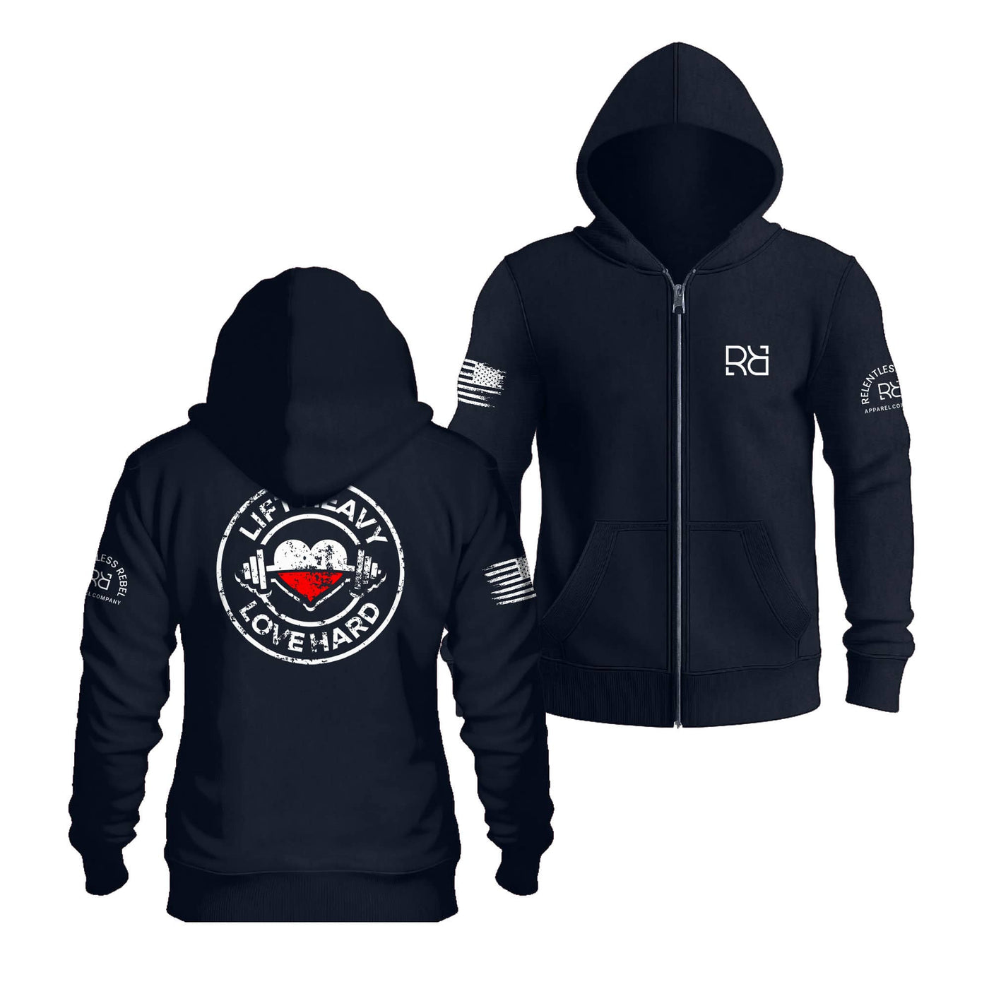 Navy Lift Heavy Love Hard Back Design Zip Up Hoodie