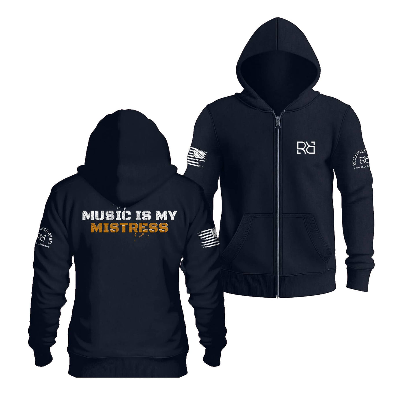 Navy Music Is My Mistress Back Design Zip Up Hoodie