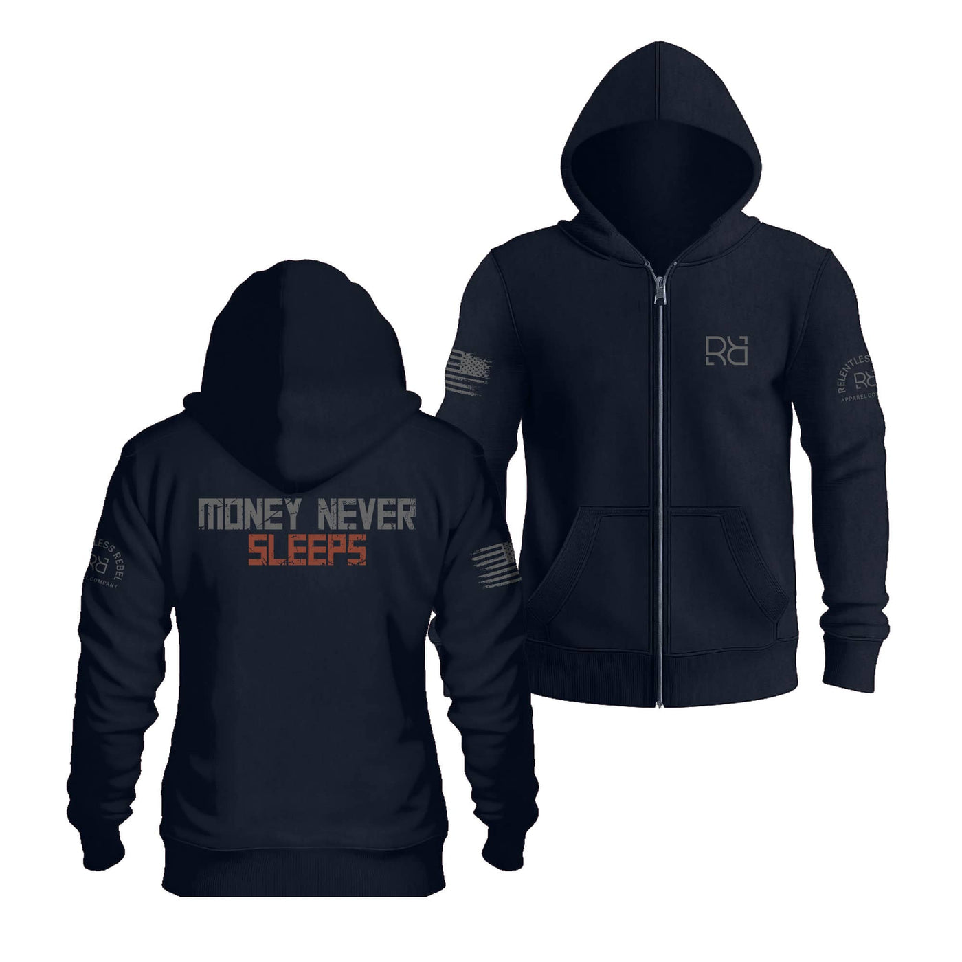 Navy Women's Money Never Sleeps Back Design Zip Up Hoodie