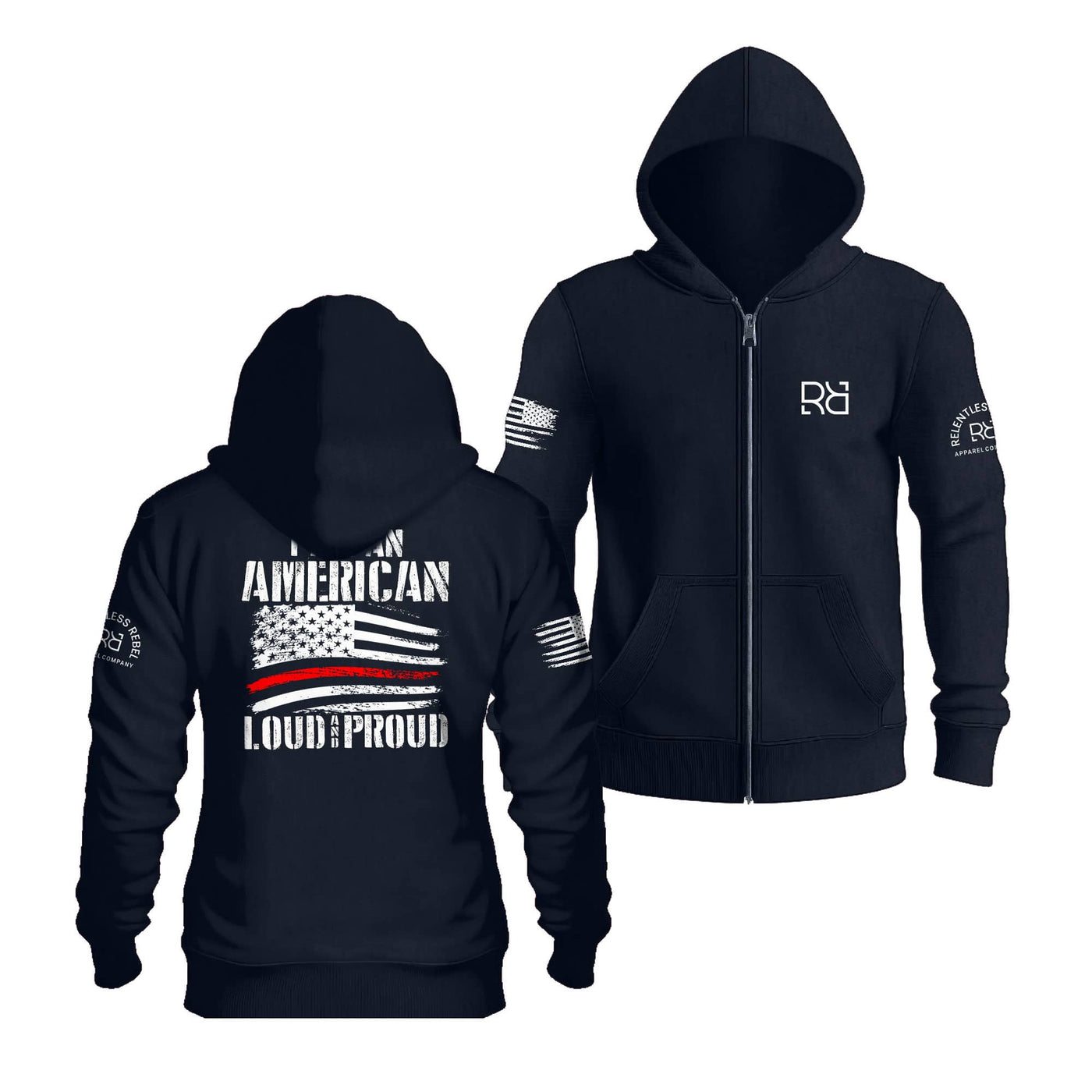 Navy I Am An American Loud and Proud Back Design Zip Up Hoodie