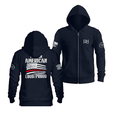 Navy I Am An American Loud and Proud Back Design Zip Up Hoodie