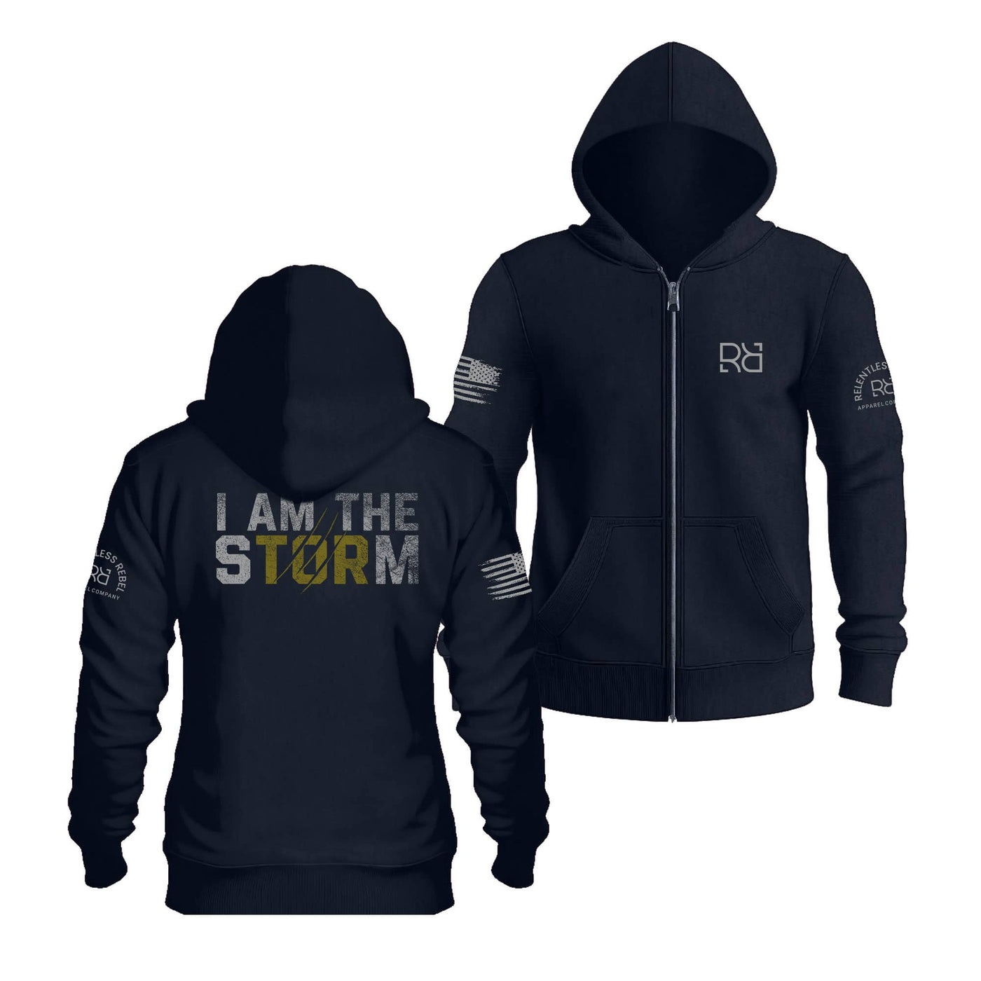 Navy I Am The Storm Back Design Zip Up Hoodie