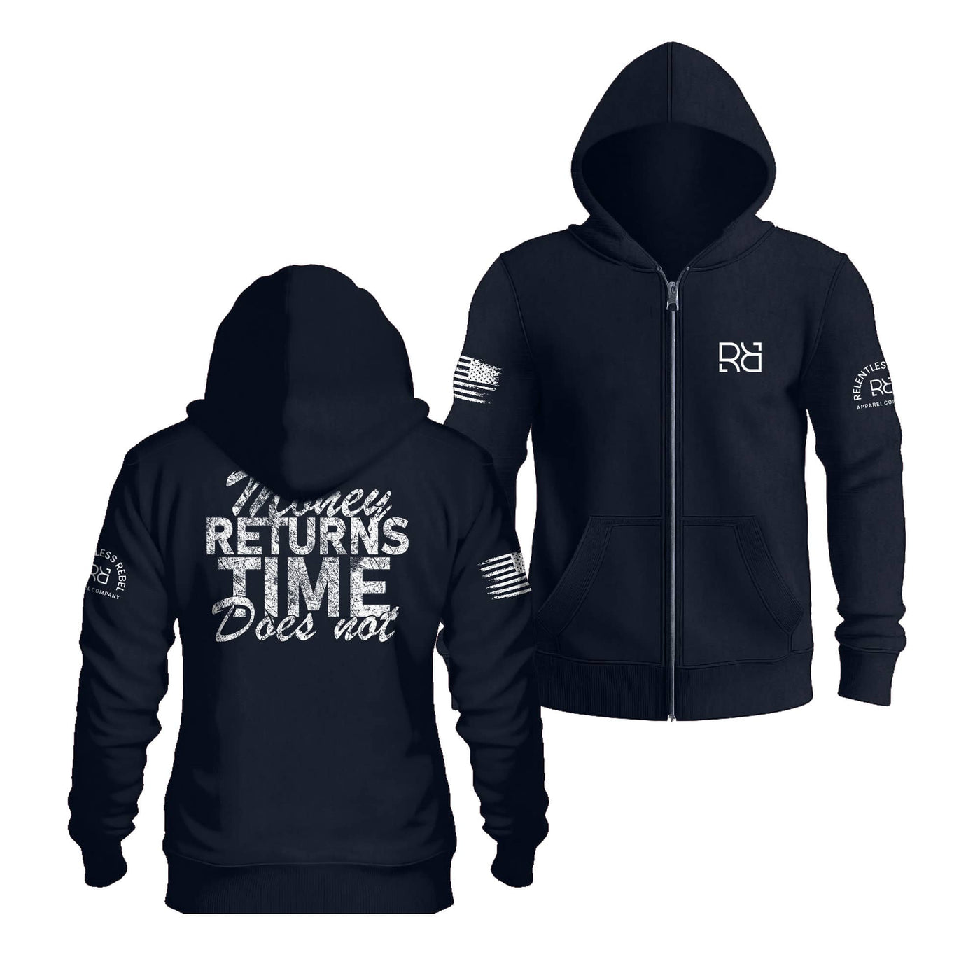 Navy Money Returns Time Does Not Back Design Zip Up Hoodie