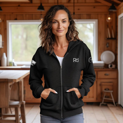 Woman wearing Solid Black Keep Your Squats Low and Your Standards High Back Design Zip Up Hoodie