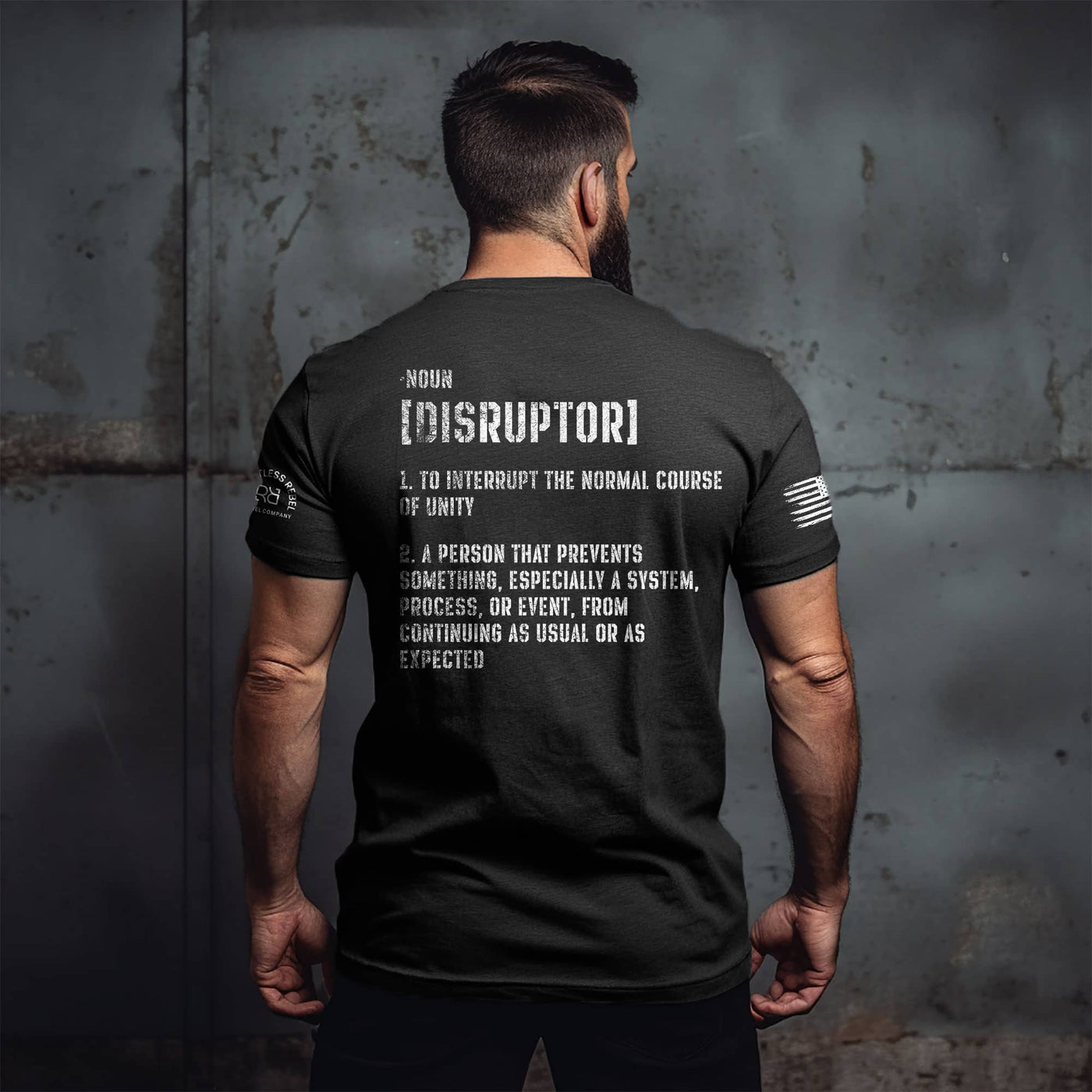 Man wearing Solid Black The Disruptor Back Design Men's Tee