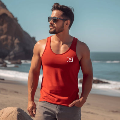 Man wearing Red Men's Be Relentless Back Design Tank Top