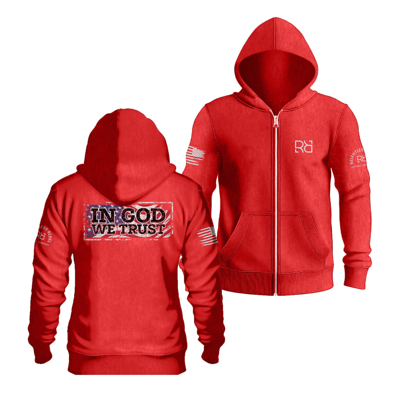 Red In God We Trust Back Design Zip Up Hoodie