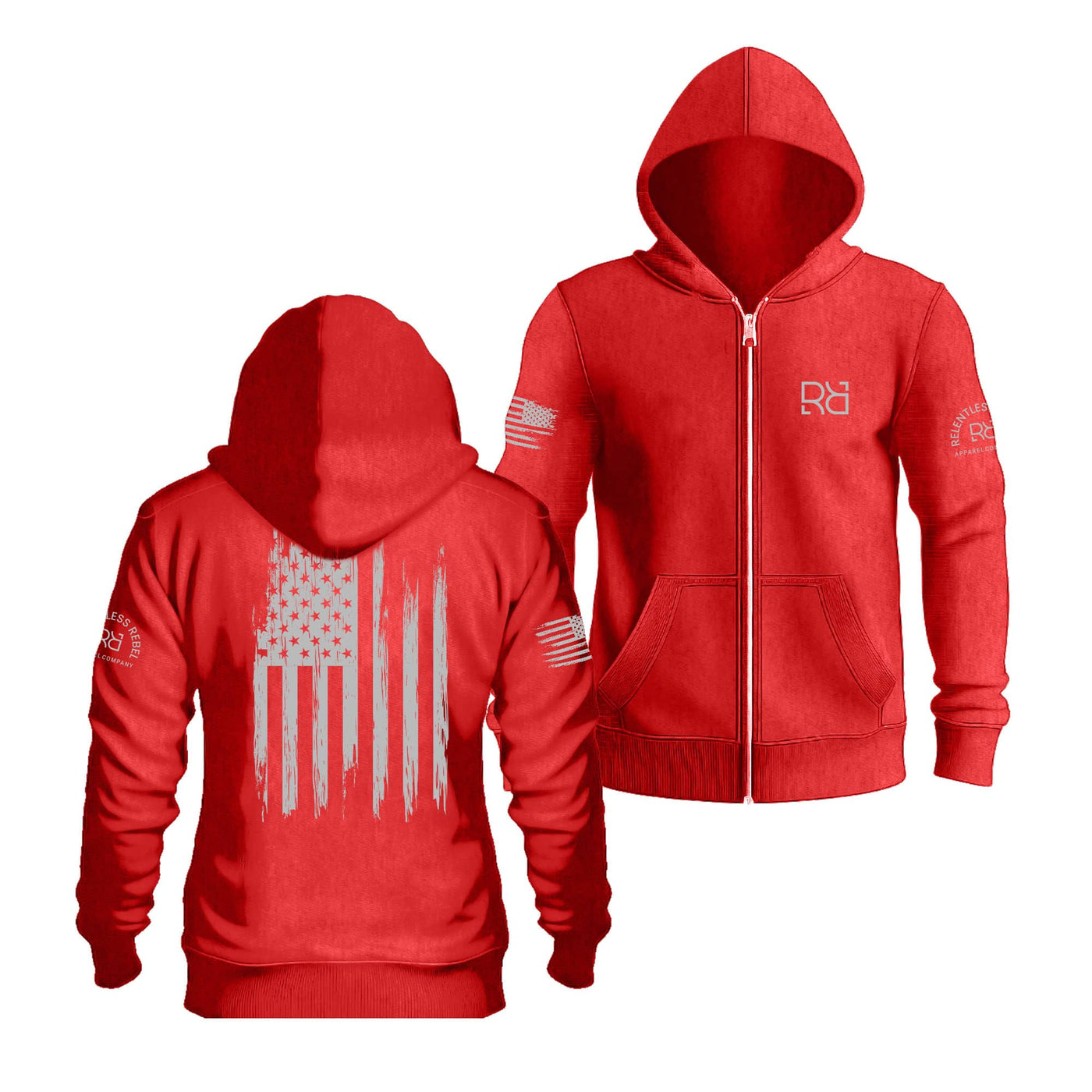 Red Men's Rebel Patriot Flag Back Design Zip Up Hoodie