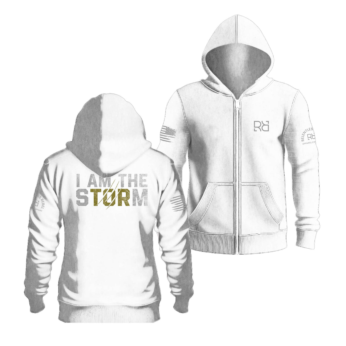 Relentless White I Am The Storm Back Design Zip Up Hoodie