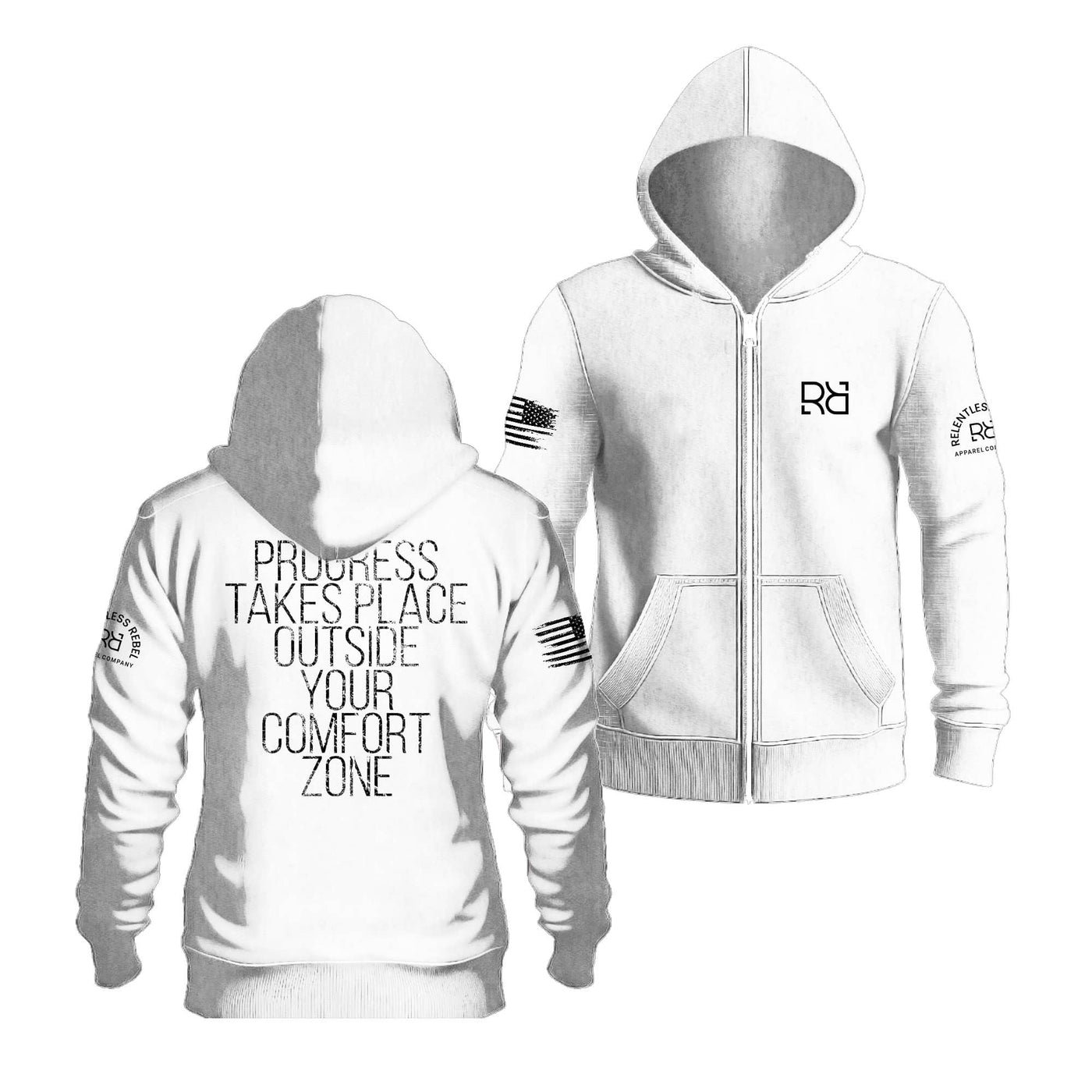 Relentless White Progress Takes Place Back Design Zip Up Hoodie