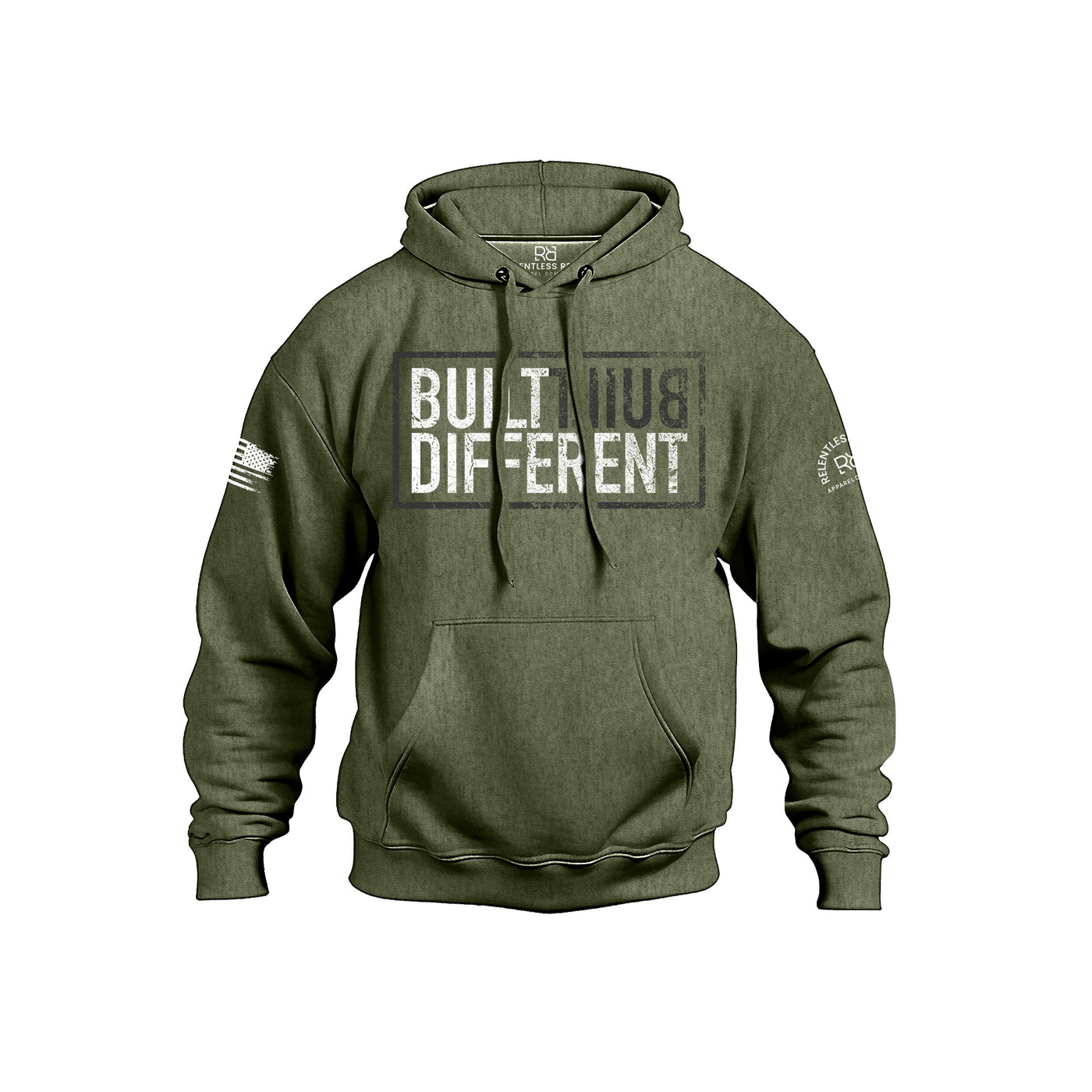 Built Different front design military green hoodie