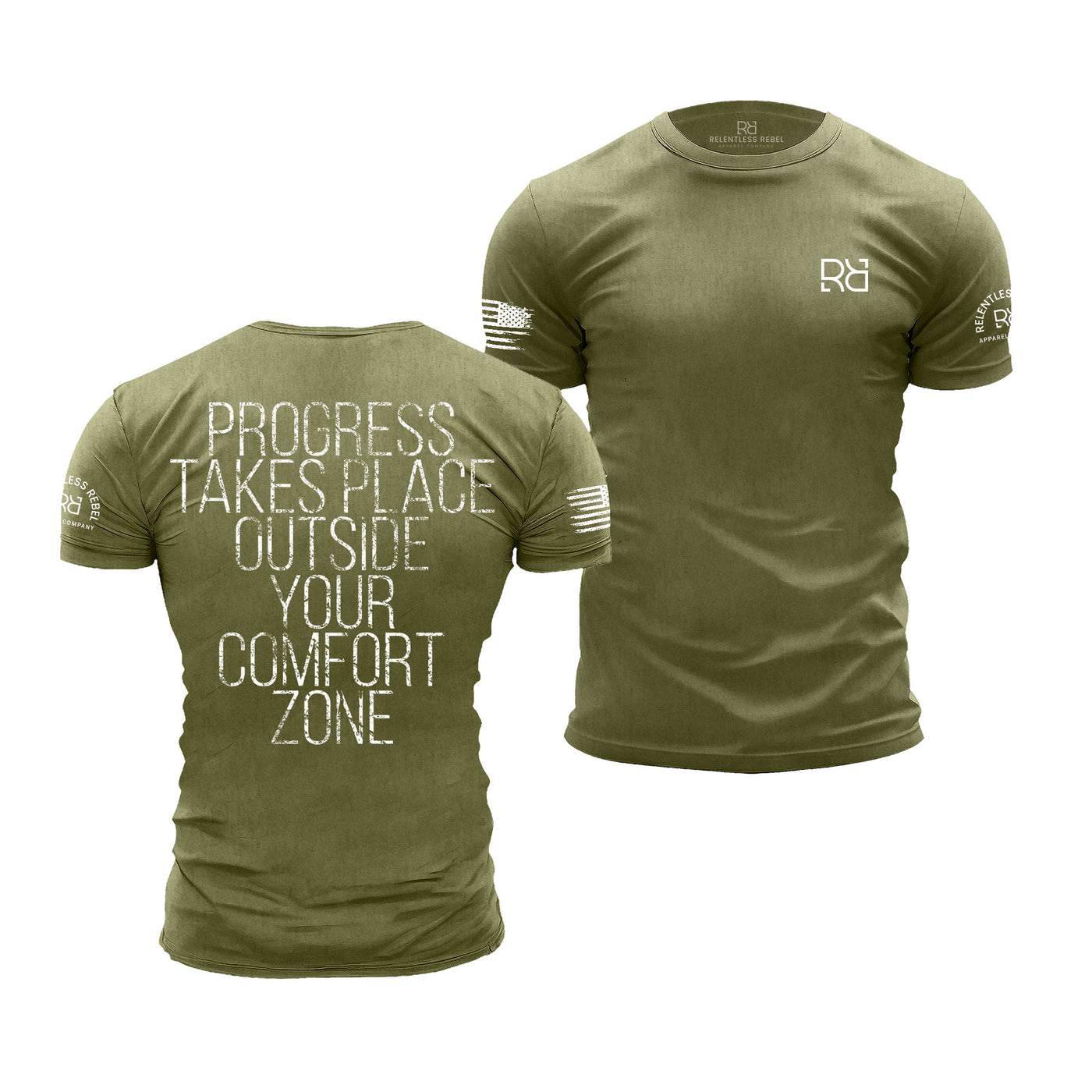 Military Green Men's Progress Takes Place Back Design Tee