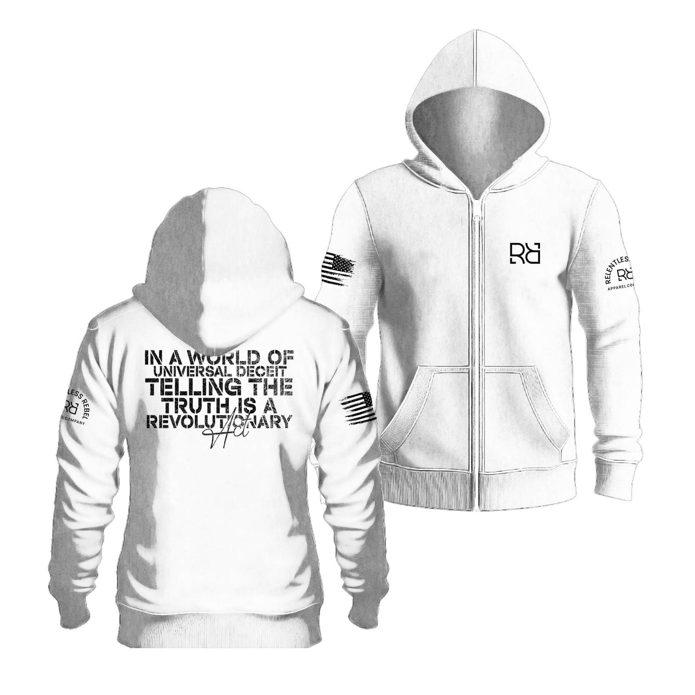 Relentless White In a World of Universal Deceit... Back Design Zip Up Hoodie